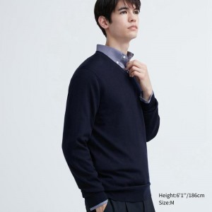 Uniqlo Merino V Neck Men Jumper Navy US | XNFB-93417