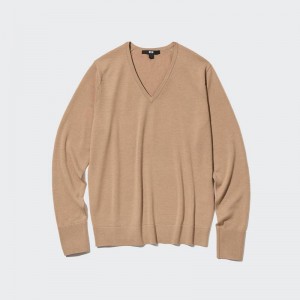 Uniqlo Merino V Neck Women Jumper Beige US | KMOQ-03758