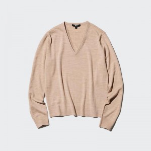 Uniqlo Merino V Neck Women Jumper Beige US | BIHD-98172