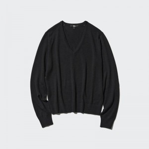 Uniqlo Merino V Neck Women Jumper Black US | FNCE-24309