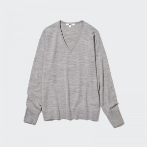 Uniqlo Merino V Neck Women Jumper Grey US | EWZM-35028