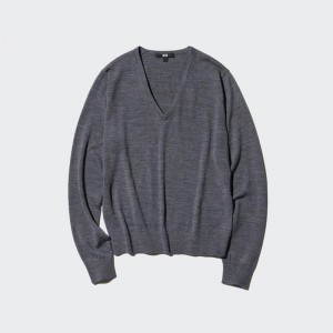 Uniqlo Merino V Neck Women Jumper Grey US | ATVF-73185