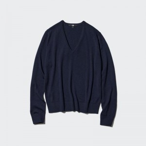 Uniqlo Merino V Neck Women Jumper Navy US | ARIW-10782