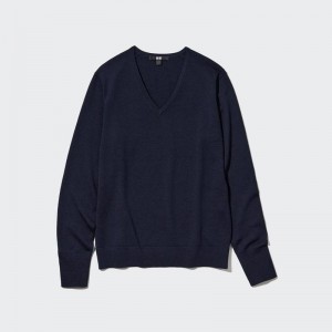 Uniqlo Merino V Neck Women Jumper Navy US | BHAE-72401