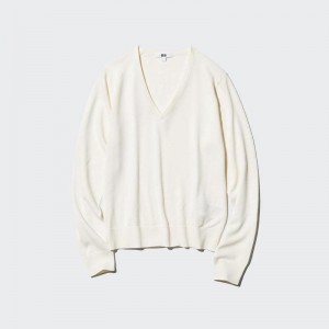 Uniqlo Merino V Neck Women Jumper Off White US | JVOX-47890