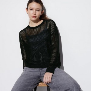 Uniqlo Mesh Crew Neck Women Jumper Black US | NCKD-27893