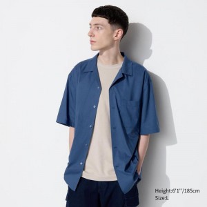 Uniqlo Modal Cotton Blend (Open Collar) Men Short Sleeve Shirts Blue US | JIOK-72653