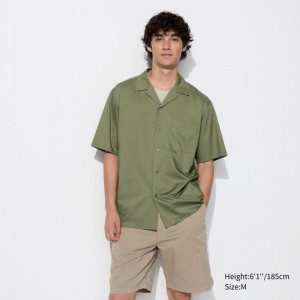 Uniqlo Modal Cotton Blend (Open Collar) Men Short Sleeve Shirts Olive US | FTXG-85614