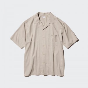 Uniqlo Modal Cotton Blend (Open Collar) Men Short Sleeve Shirts Beige US | UCHQ-20679