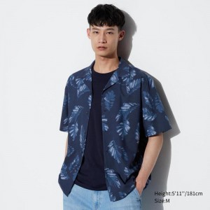 Uniqlo Modal Cotton Blend (Print, Open Collar) Men Short Sleeve Shirts Navy US | BHIC-90716