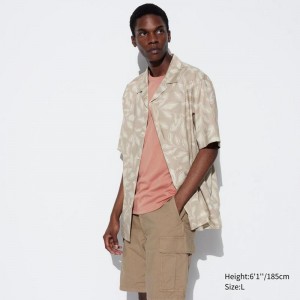 Uniqlo Modal Cotton Blend (Print, Open Collar) Men Short Sleeve Shirts Khaki US | BQST-90362