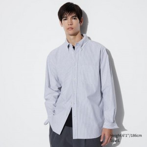 Uniqlo Oxford (Stripe, Slim Fit) Men Shirts Grey US | ZKCF-70452