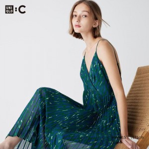 Uniqlo Pleated Camisole (Print) Women Dress Green US | ZEPS-84126