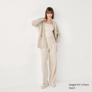 Uniqlo Pleated Wide (Long) Women Trousers Natural US | ISDB-39872