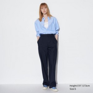 Uniqlo Pleated Wide (Stripe, Long) Women Trousers Navy US | KAQJ-26403