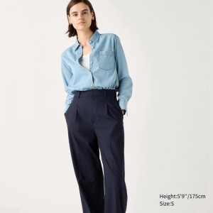 Uniqlo Pleated Wide (Striped, Long) Women Trousers Navy US | PUOT-74051