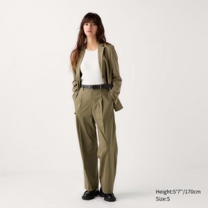 Uniqlo Pleated Wide Women Trousers Olive US | YPFZ-20857