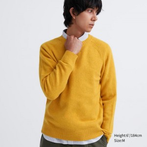 Uniqlo Premium Lambswool Crew Neck Men Jumper Yellow US | HLZO-17309