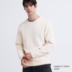 Uniqlo Premium Lambswool Crew Neck Men Jumper Off White US | XHKO-36218