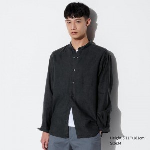 Uniqlo Premium Linen (Grandad Collar) Men Shirts Black US | IZDJ-23506