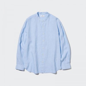 Uniqlo Premium Linen (Grandad Collar) Men Shirts Blue US | PTYJ-50637