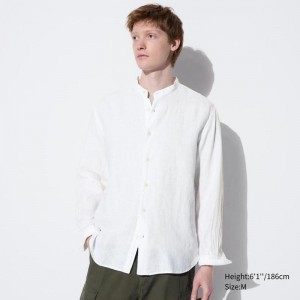 Uniqlo Premium Linen (Grandad Collar) Men Shirts White US | FVMZ-46298