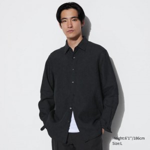 Uniqlo Premium Linen Men Shirts Black US | BWHV-13678