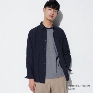 Uniqlo Premium Linen Men Shirts Navy US | HPDE-21568