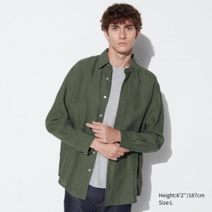 Uniqlo Premium Linen Men Shirts Olive US | KYVW-53846