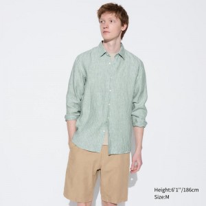 Uniqlo Premium Linen Regular Fit (Stripe, Regular Collar) Men Shirts Green US | FGBT-30518