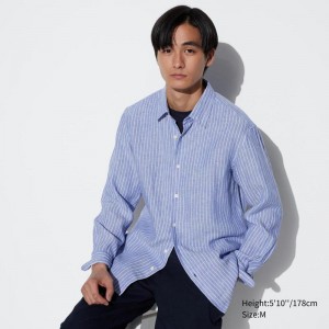 Uniqlo Premium Linen Regular Fit (Stripe, Regular Collar) Men Shirts Blue US | QVXC-28940