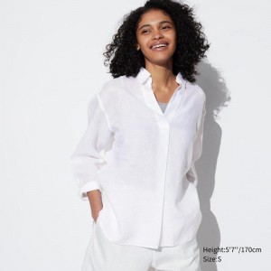 Uniqlo Premium Linen Skipper Collar (3/4 Sleeve) Women Shirts White US | QRJM-07612