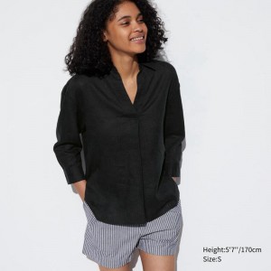 Uniqlo Premium Linen Skipper Collar (3/4 Sleeve) Women Shirts Black US | CKPR-17804