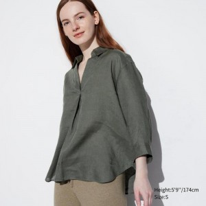 Uniqlo Premium Linen Skipper Collar (3/4 Sleeve) Women Shirts Olive US | ITHJ-01983