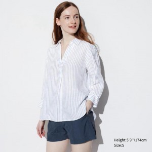 Uniqlo Premium Linen Skipper Collar (Stripe, 3/4 Sleeve) Women Shirts Off White US | HYLG-67893