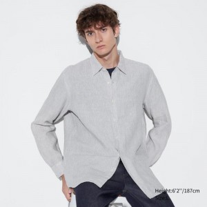 Uniqlo Premium Linen (Stripe) Men Shirts Grey US | AJWU-94205