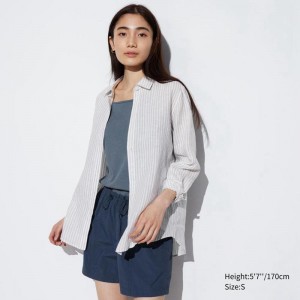 Uniqlo Premium Linen (Stripe) Women Shirts Light Grey US | XJRE-60924