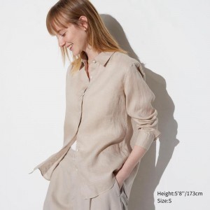 Uniqlo Premium Linen Women Shirts Beige US | JSEP-73804