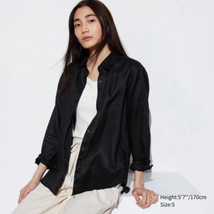 Uniqlo Premium Linen Women Shirts Black US | UCGZ-94867