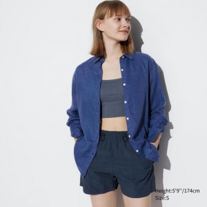 Uniqlo Premium Linen Women Shirts Blue US | YHOX-06318