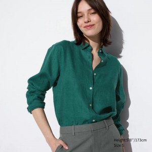 Uniqlo Premium Linen Women Shirts Green US | ZLPA-20817