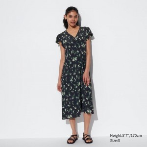 Uniqlo Printed V Neck (Short Sleeved) Women Dress Navy US | IJHR-17402