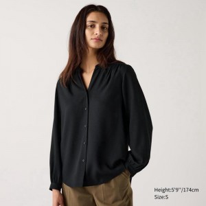 Uniqlo Rayon Gathered Women Blouse Black US | ELBF-27451