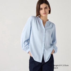 Uniqlo Rayon Gathered Women Blouse Blue US | JMNV-81395