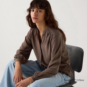 Uniqlo Rayon Gathered Women Blouse Brown US | WKNA-64209