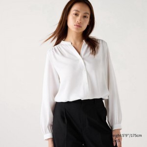 Uniqlo Rayon Gathered Women Blouse White US | HLKE-65423