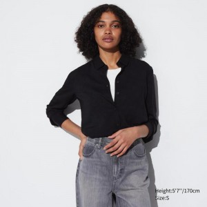 Uniqlo Rayon Long Sleeved Women Blouse Black US | AUBH-41097