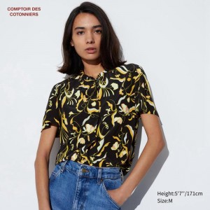 Uniqlo Rayon (Print, Short Sleeve) Women Shirts Black US | JHQZ-58760