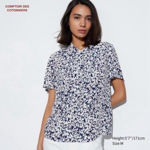 Uniqlo Rayon (Print, Short Sleeve) Women Shirts White US | MSFU-40895