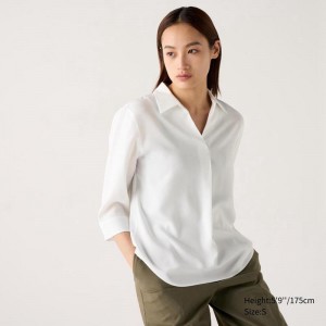 Uniqlo Rayon Skipper Collar (3/4 Sleeve) Women Blouse White US | XBVL-70925